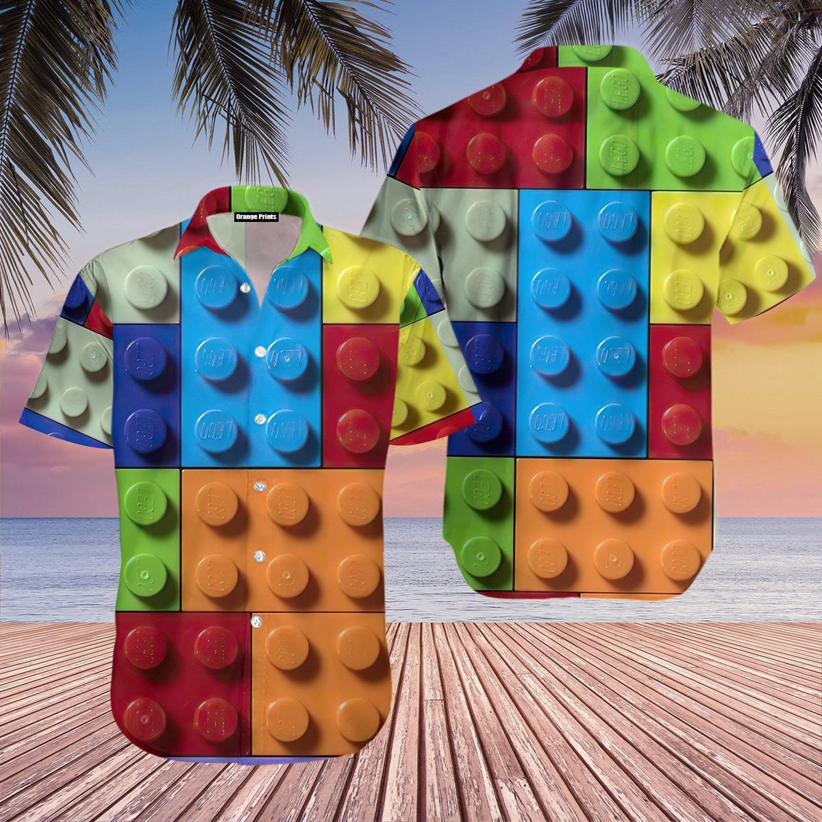 Multicolor LEGO-brick print Hawaiian shirt with short sleeves and button front