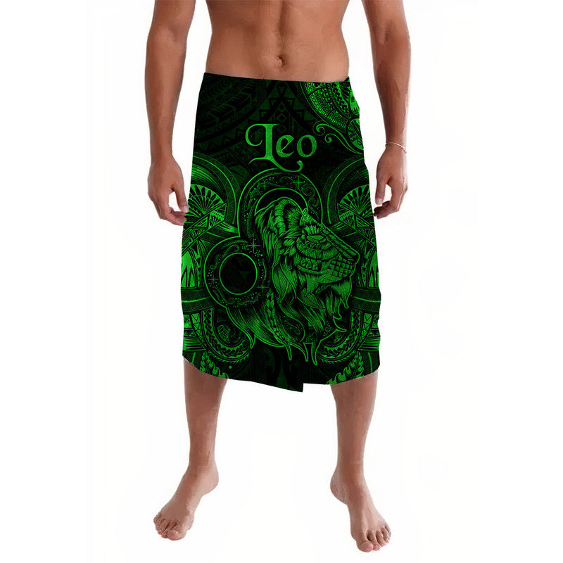 Green Polynesian-style zodiac lavalava with Leo lion graphic
