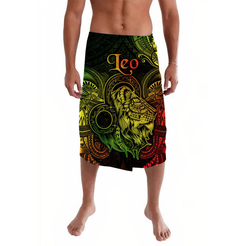 Lavalava skirt with Leo lion graphic in green, yellow, red on dark background