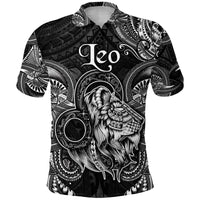 Black polo shirt with Leo zodiac Polynesian lion graphic, button-front short sleeves