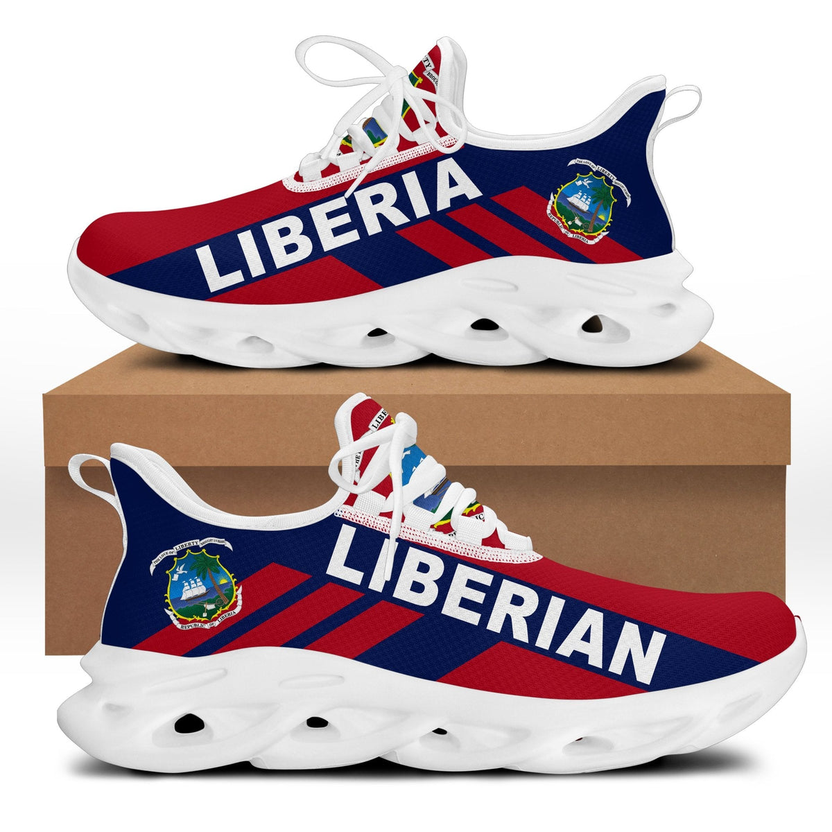 Liberia stripe clunky sneakers with white sole, red/blue upper, bold “LIBERIA” lettering