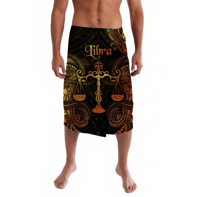 Libra zodiac lavalava wrap skirt, black with gold ornate scales and chalice pattern