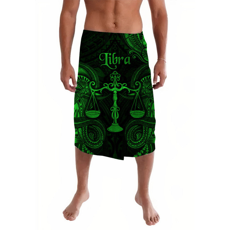 Green and black patterned lavalava wrap skirt, knee length with elastic waistband