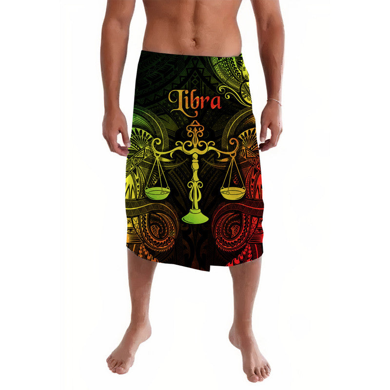 Men's black lavalava with Libra zodiac and Polynesian scroll pattern in green, red, yellow