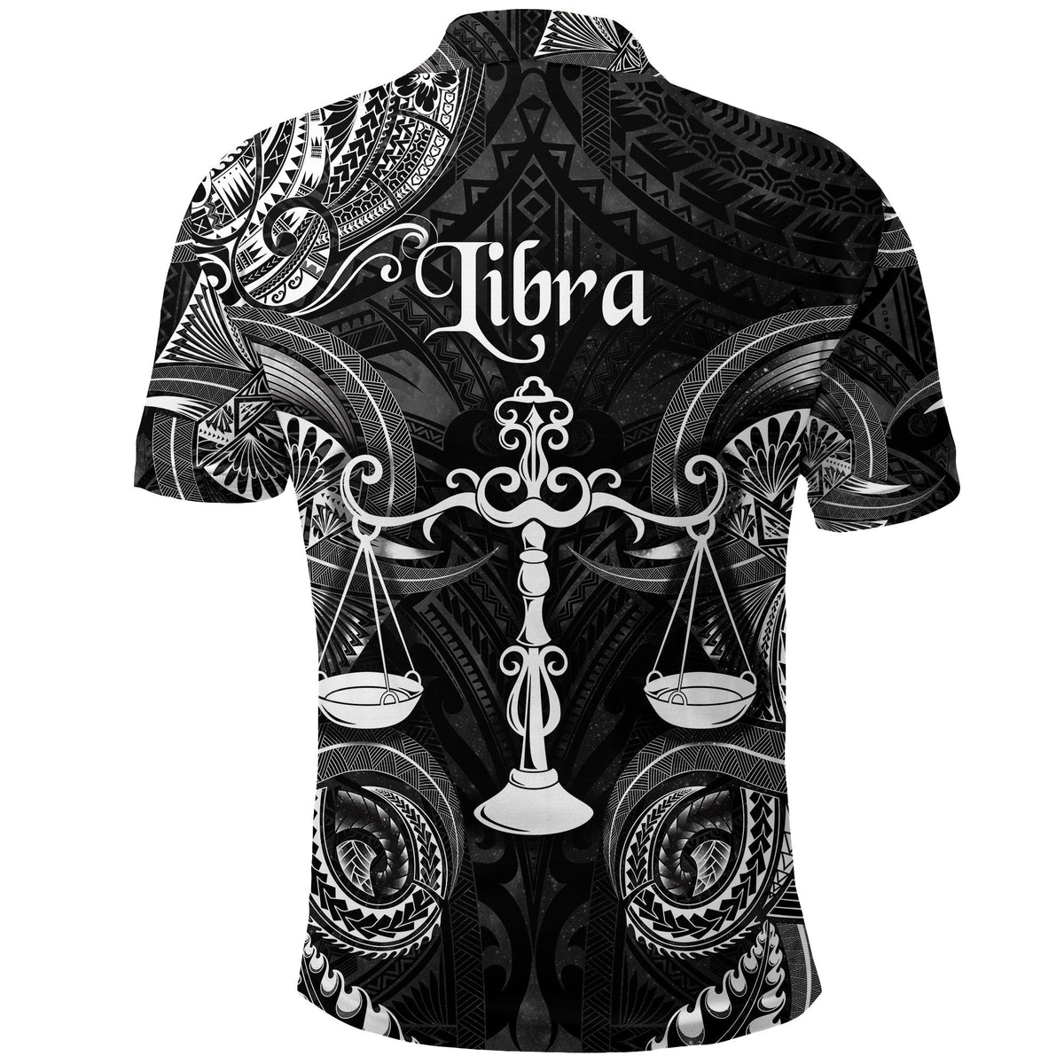 Back of black Libra Polynesian polo shirt with large center medallion print