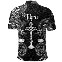 Back of black Libra Polynesian polo shirt with large center medallion print