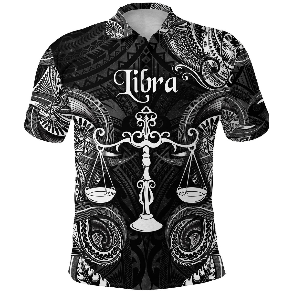 Black polo shirt with Libra Polynesian graphic, open collar and short sleeves