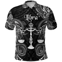 Black polo shirt with Libra Polynesian graphic, open collar and short sleeves