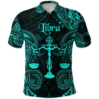 Turquoise Libra Polynesian polo shirt, black base with teal glyphs and button-front collar