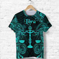 Adult turquoise Libra zodiac T-shirt, teal scales & Polynesian-style patterns