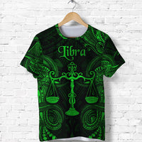 Green Libra zodiac T-shirt with Polynesian cross balance symbol and ornate green print