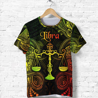 Libra reggae T-shirt with Polynesian scale symbol, black, green, yellow, orange print