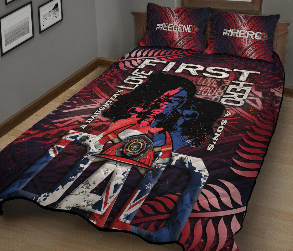Red firefighter quilt bed set with Maori pattern, bold dad/firefighter graphic and emblem