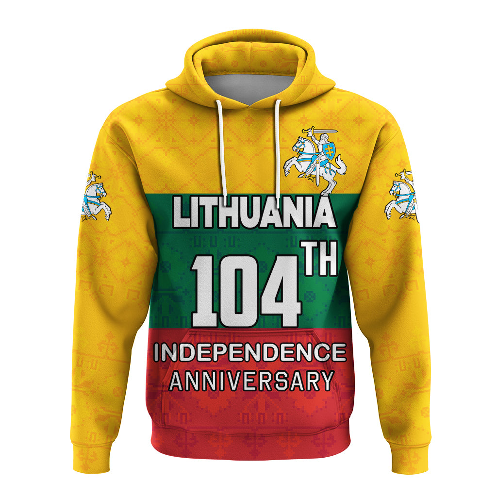 Yellow pullover hoodie, Lithuania 104 TH Independence Anniversary text and crest