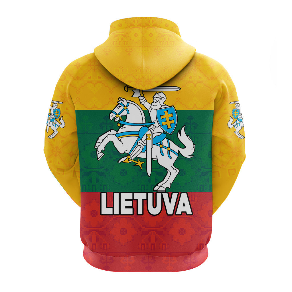 Yellow pullover hoodie back print with Lithuanian knight and LITHUANIA text