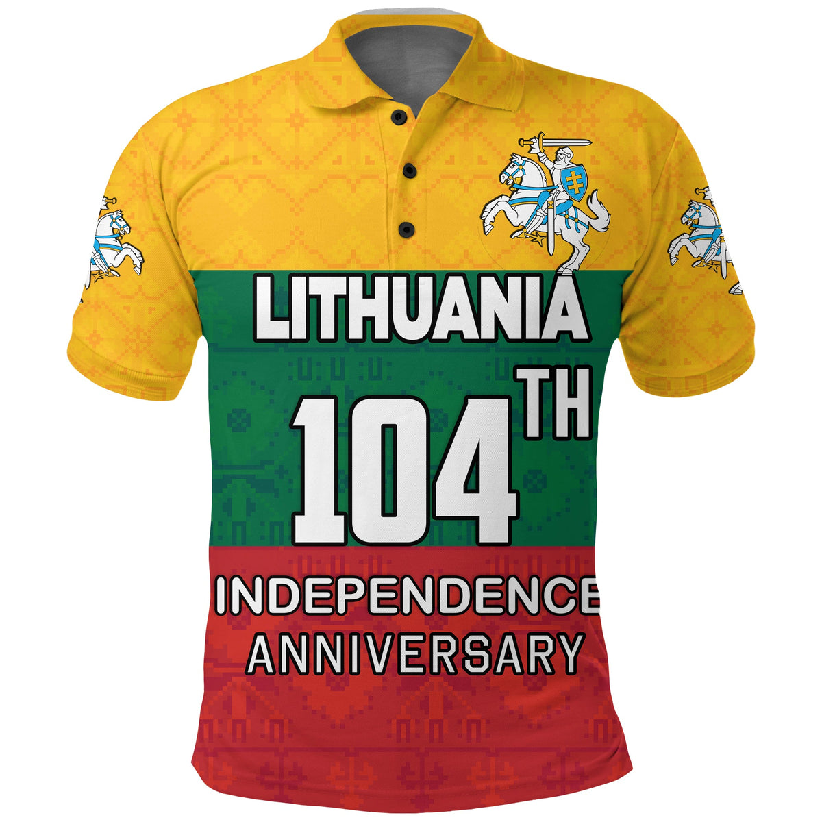 Yellow polo shirt with Lithuania 104 Independence Anniversary graphic on front