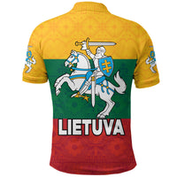 Yellow polo shirt with LIETUVA back graphic featuring rider and shield emblem