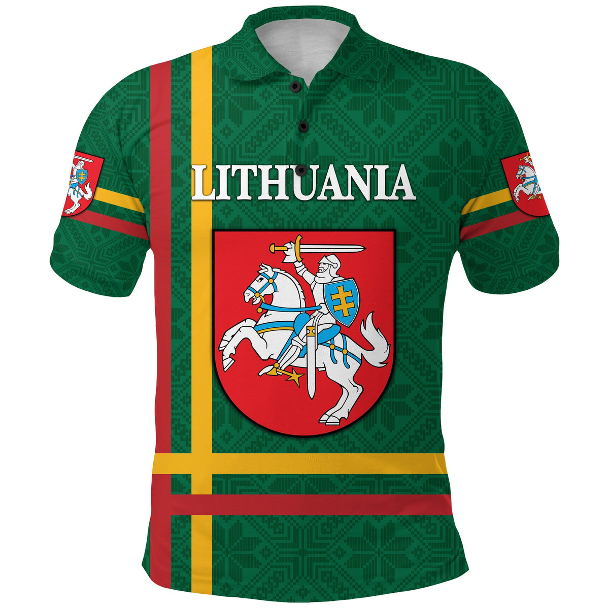 Green polo shirt with Lithuania wordmark, crest shield and red-yellow stripe detailing