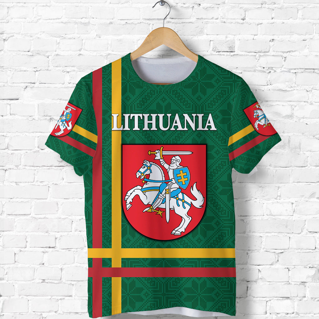 Green Lithuania T-shirt with coat of arms, 'LITHUANIA' print and flag stripes