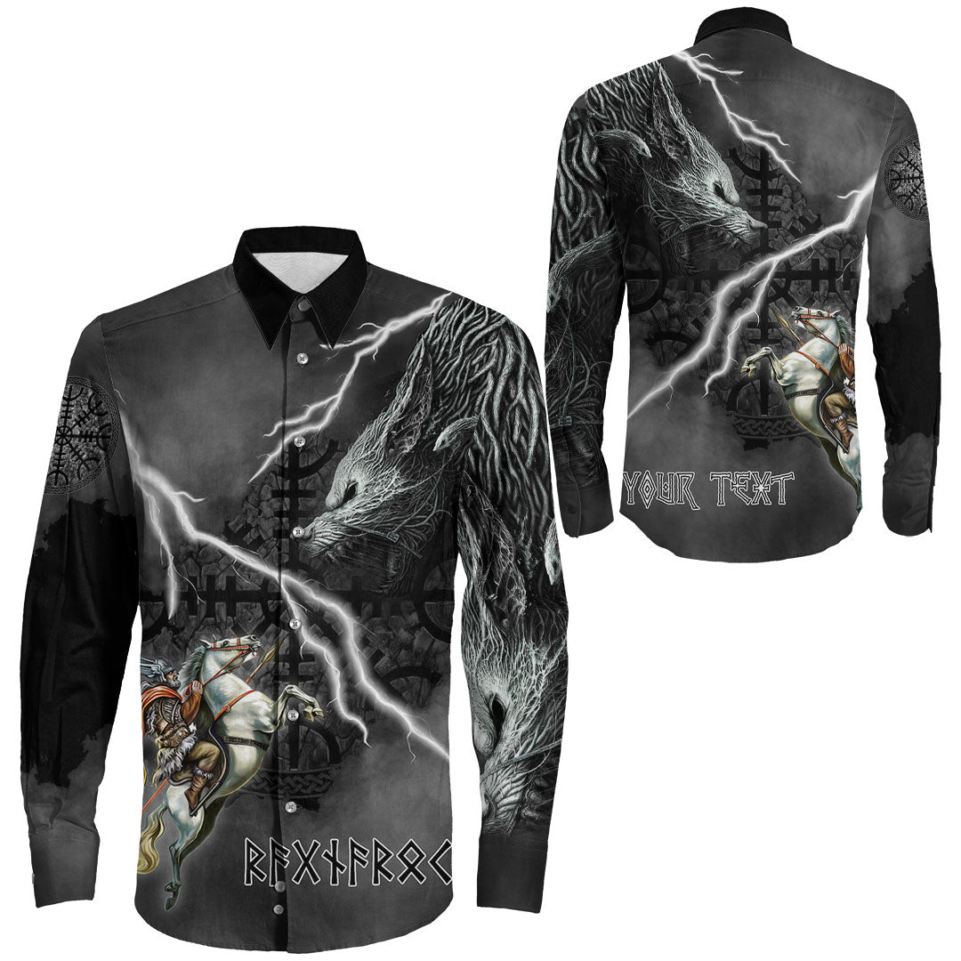 (Custom) Wonder Print Shop - Ragnarok Long Sleeve Button Shirt Odin fight Fenrir on thunder background RLT12 - Wonder Print Shop