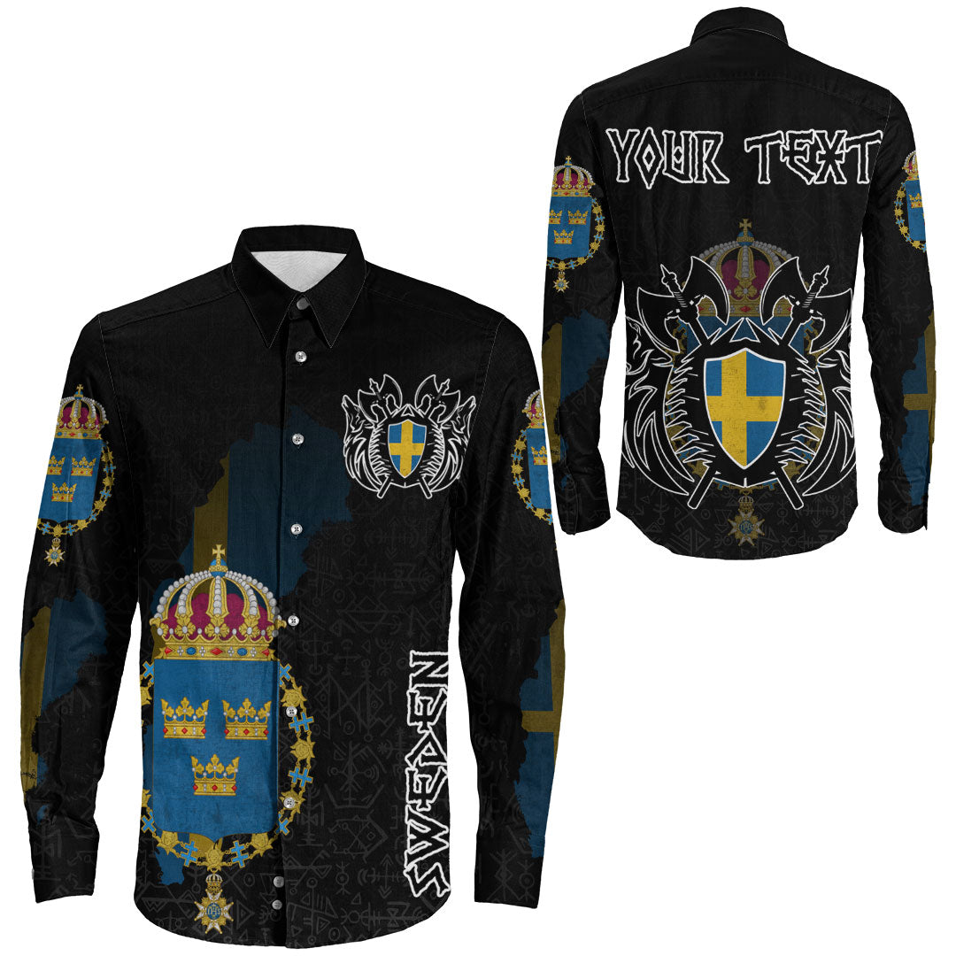 (Custom) Viking - Sweden Flag and Map (1) Long Sleeve Button Shirt style Viking Geri and Freki RLT12 - Wonder Print Shop