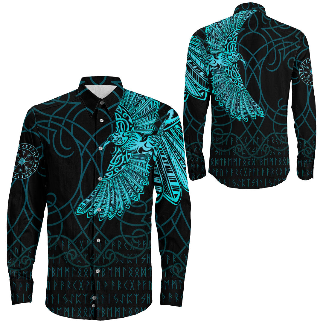 Viking Clothing Viking Odin's Celtic Ravens Cyan Version Long Sleeve Button Shirt RLT12 - Wonder Print Shop