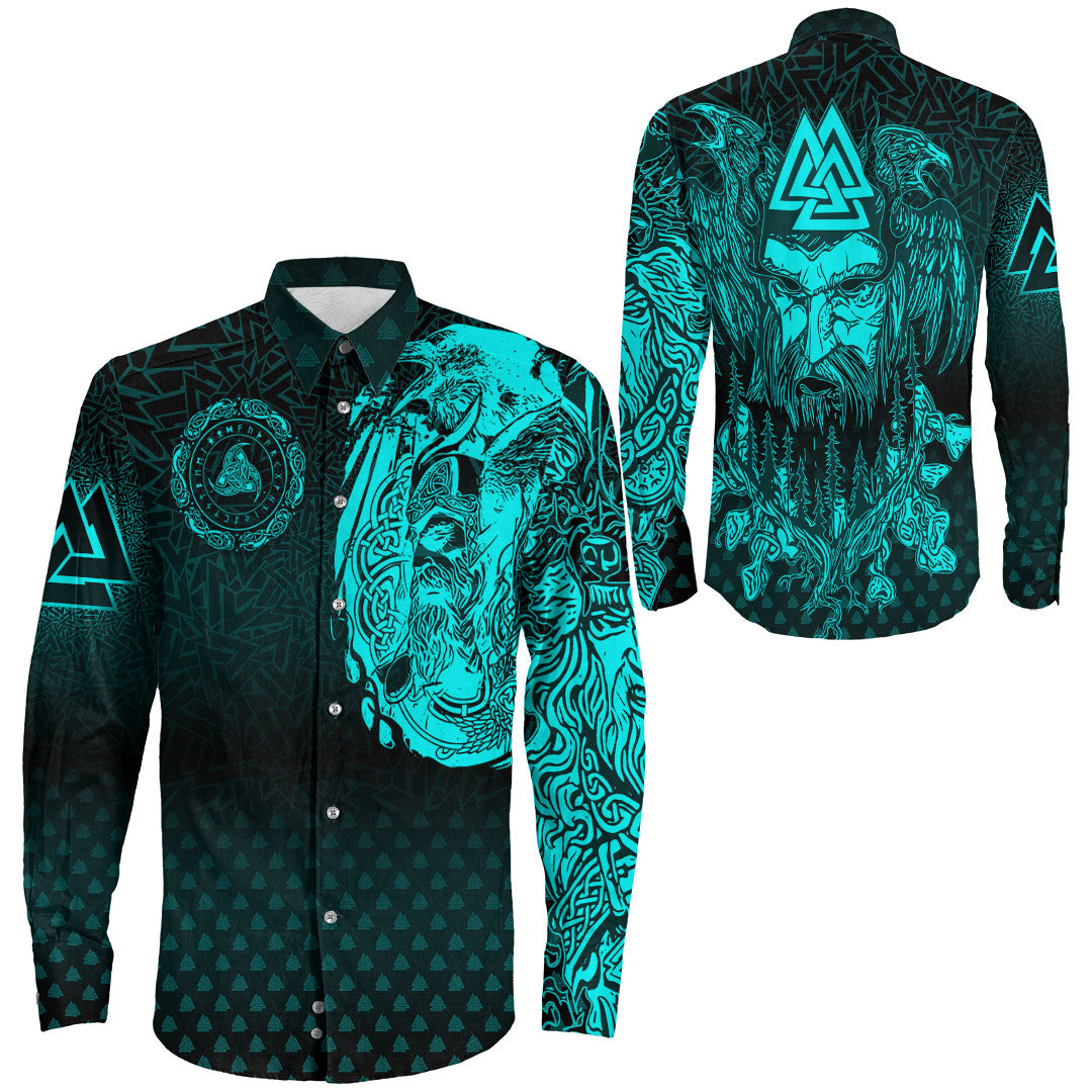 Viking Clothing Viking Odin Raven Tattoo Style Cyan Version Long Sleeve Button Shirt RLT12 - Wonder Print Shop