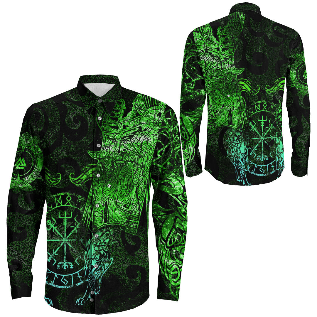 Viking Clothing Viking Odin Tattoo Green Version Long Sleeve Button Shirt RLT12 - Wonder Print Shop