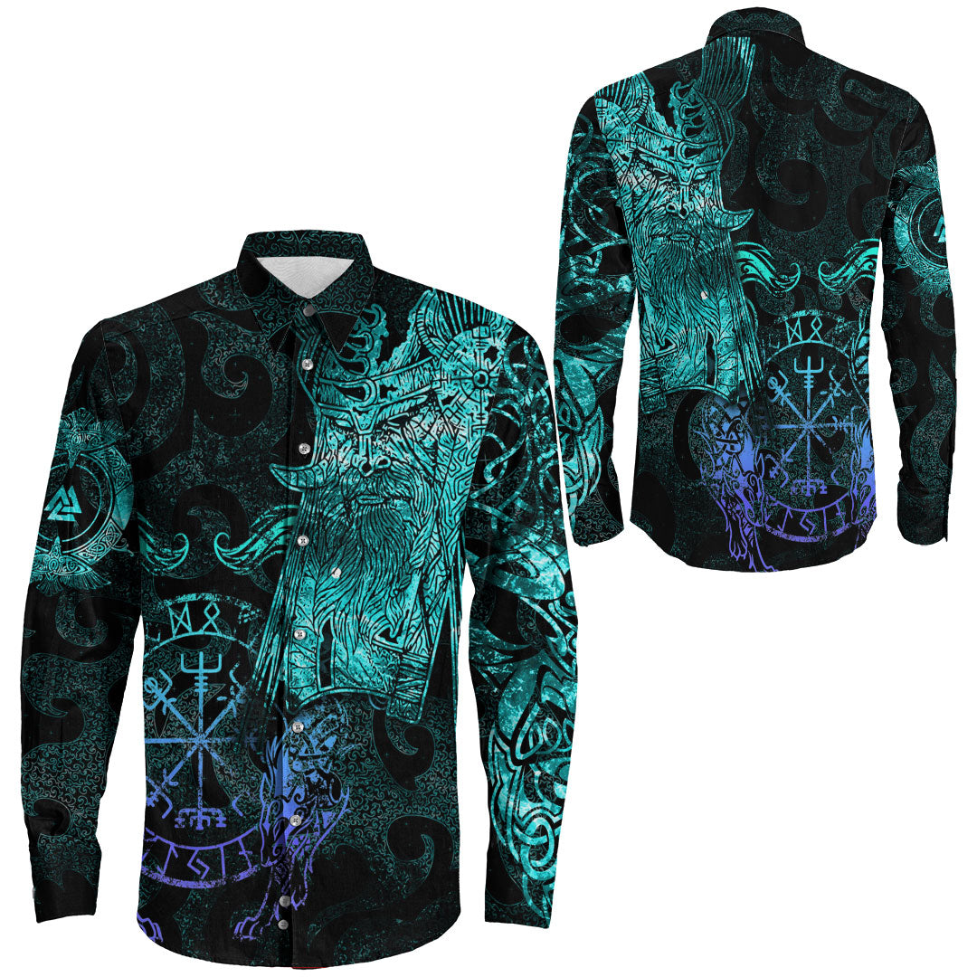 Viking Clothing Viking Odin Tattoo Cyan Version Long Sleeve Button Shirt RLT12 - Wonder Print Shop