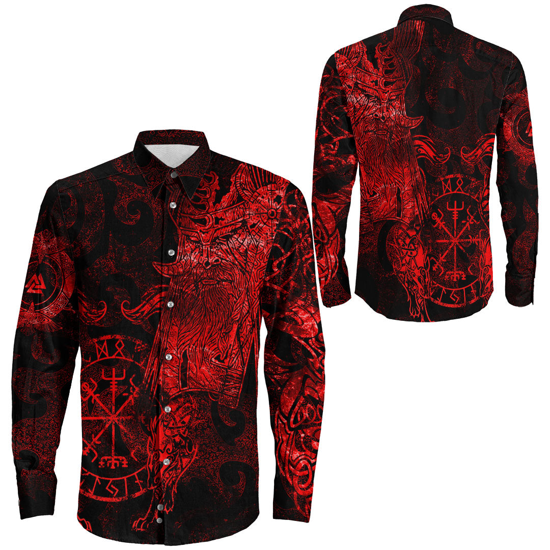 Viking Clothing Viking Odin Tattoo Red Version Long Sleeve Button Shirt RLT12 - Wonder Print Shop