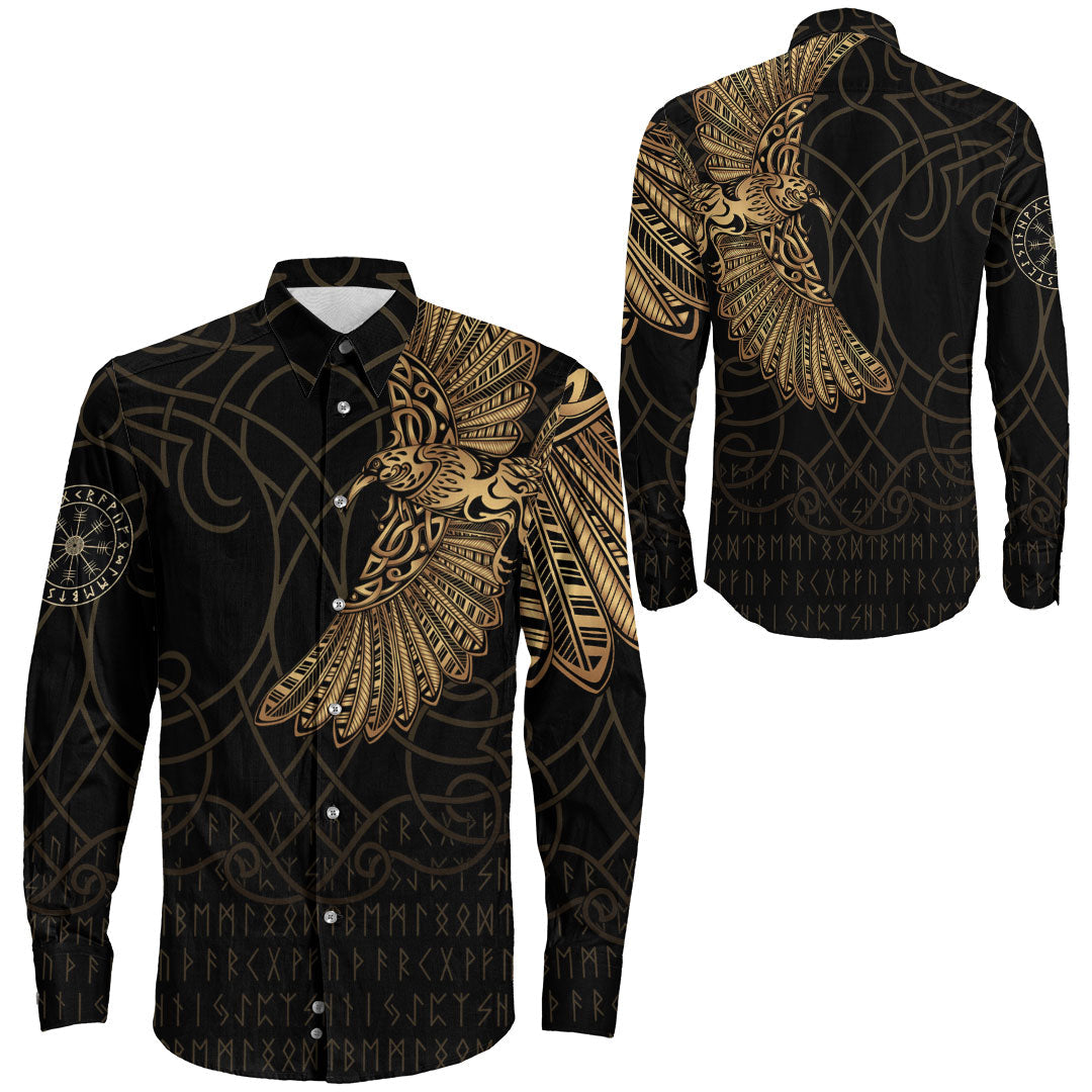 Viking Clothing Viking Odin's Celtic Ravens Gold Version Long Sleeve Button Shirt RLT12 - Wonder Print Shop