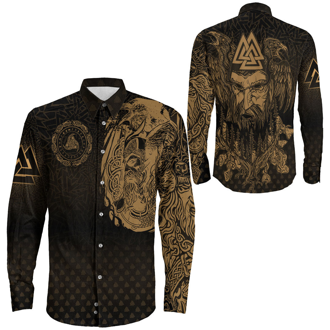 Viking Clothing Viking Odin Raven Tattoo Style Gold Version Long Sleeve Button Shirt RLT12 - Wonder Print Shop