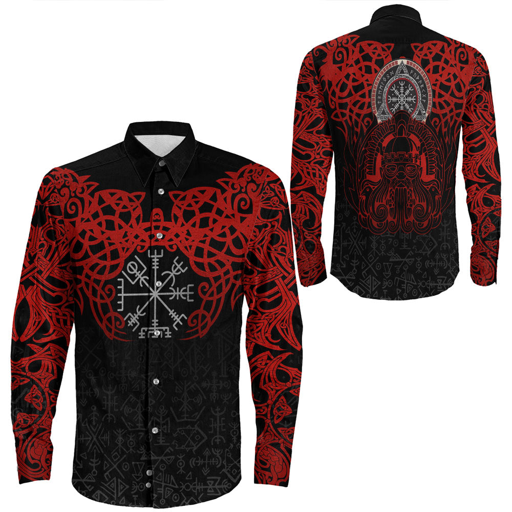 Viking Clothing Viking Odin Helm Of Awe (Red) Long Sleeve Button Shirt RLT12 - Wonder Print Shop