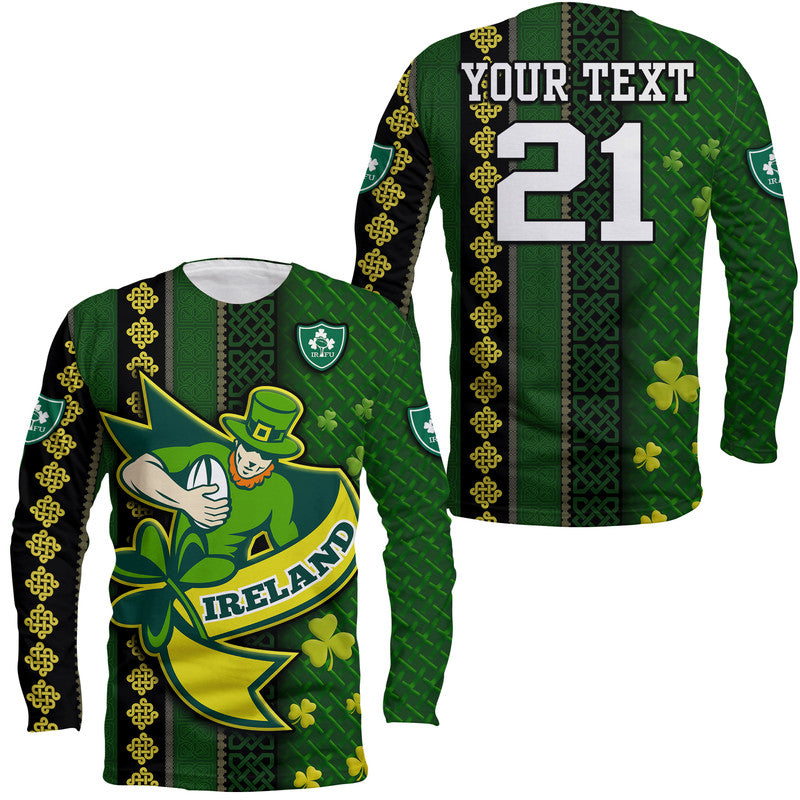 (Custom Personalised) Ireland Celtic Knot Rugby Long Sleeve Shirt Irish Gold and Green Pattern - Wonder Print Shop