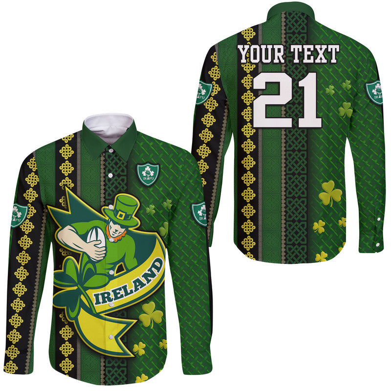 (Custom Personalised) Ireland Celtic Knot Rugby Hawaii Long Sleeve Button Shirt Irish Gold and Green Pattern - Wonder Print Shop