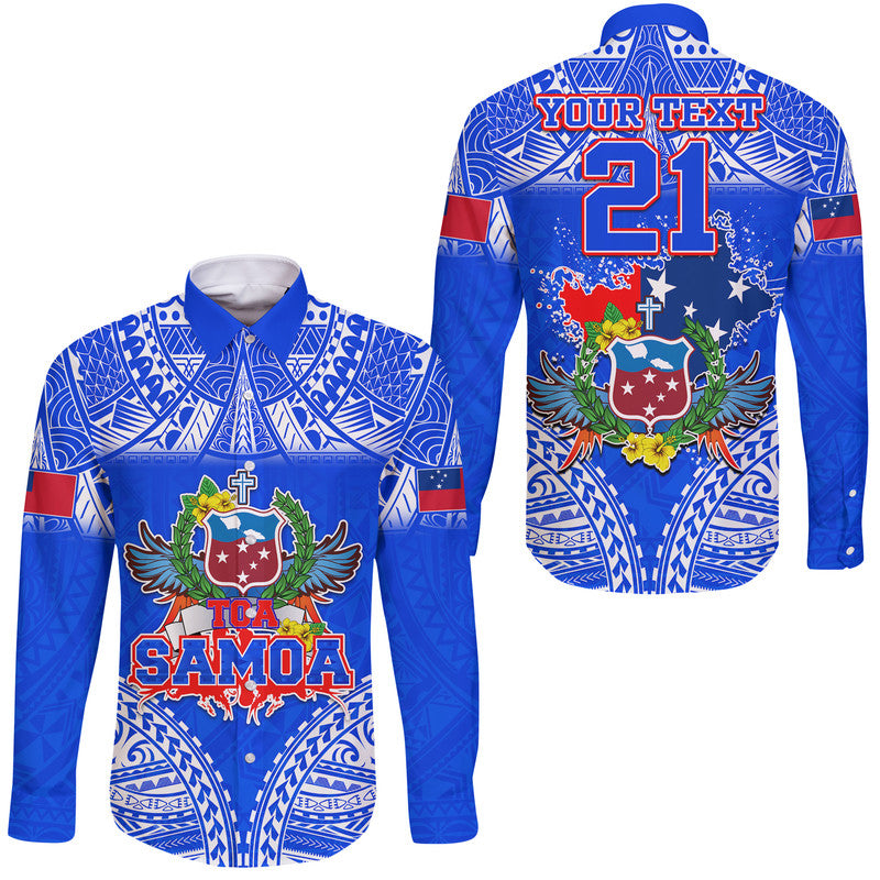 (Custom Personalised) Toa Samoa Polynesian Rugby Hawaii Long Sleeve Button Shirt Samoan Flag Blue Color - Wonder Print Shop