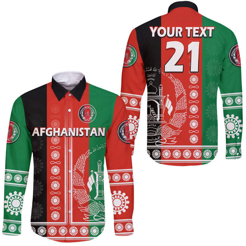 (Custom Text And Number) Afghanistan Men's Cricket Team Afghan Traditional Pattern Hawaii Long Sleeve Button Shirt - Wonder Print Shop