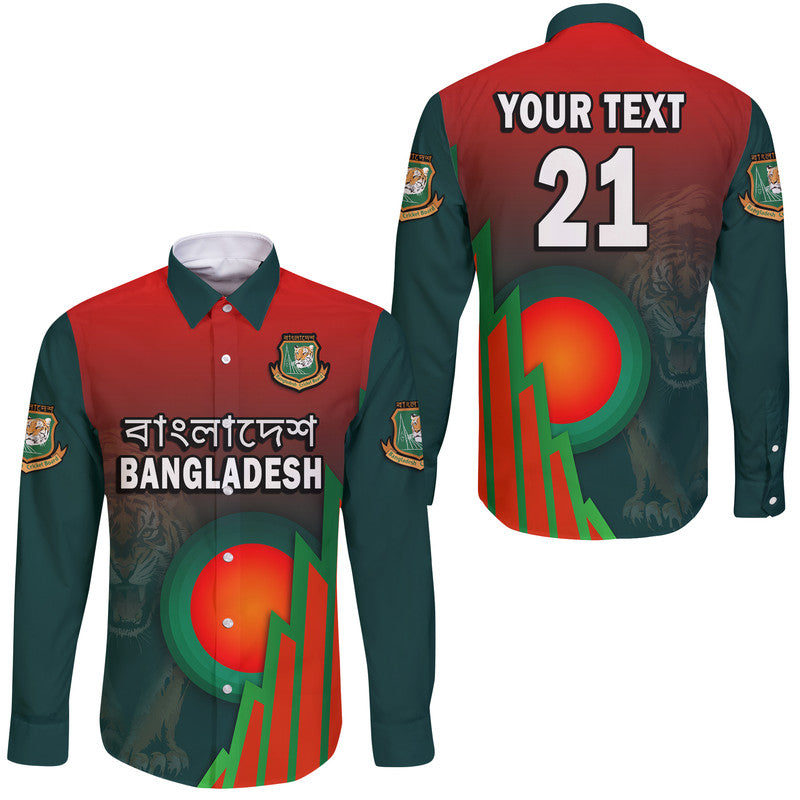 (Custom Personalised) Bangladesh Bangla Tigers Cricket Hawaii Long Sleeve Button Shirt Tigers and Bangladesh Flag - Wonder Print Shop