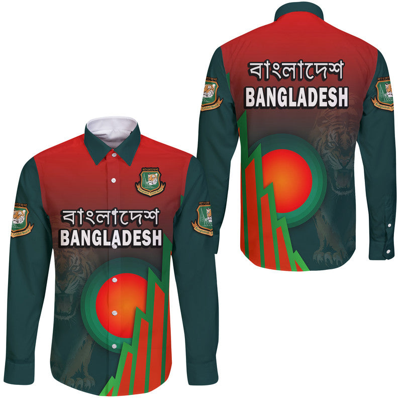 Bangladesh Bangla Tigers Cricket Hawaii Long Sleeve Button Shirt Tigers and Bangladesh Flag - Wonder Print Shop