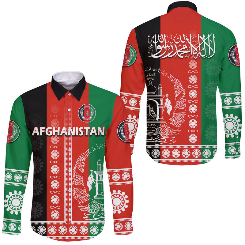 Afghanistan Men's Cricket Team Afghan Traditional Pattern Hawaii Long Sleeve Button Shirt - Wonder Print Shop