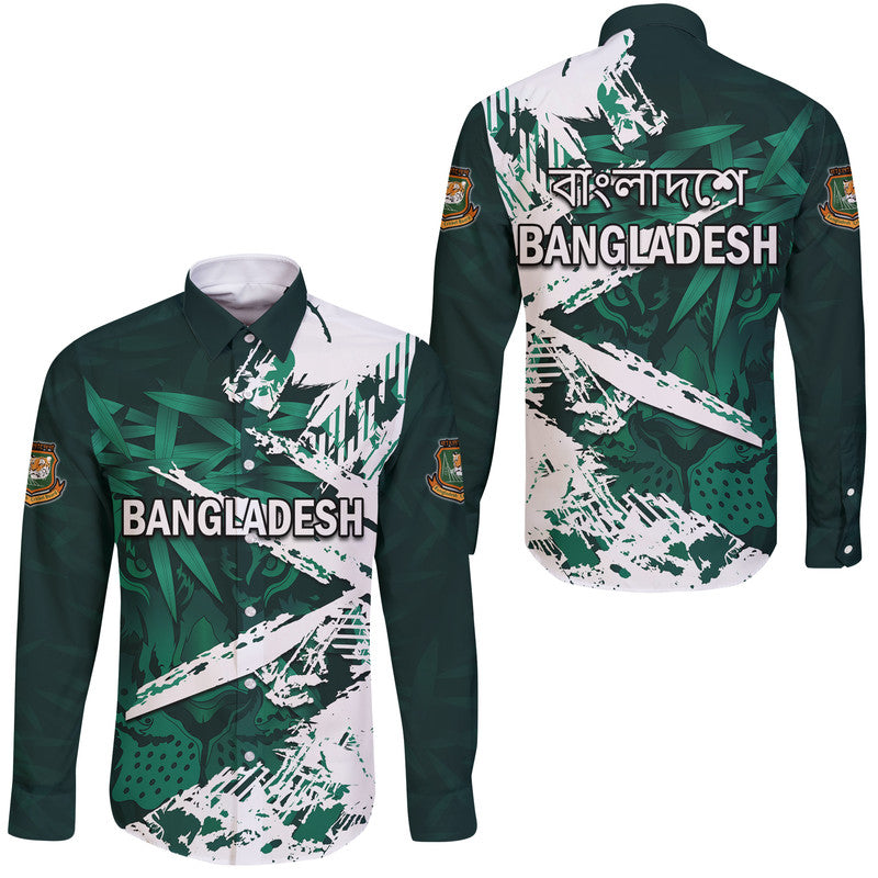 Green long-sleeve button shirt with Bangladesh front graphic and abstract pattern