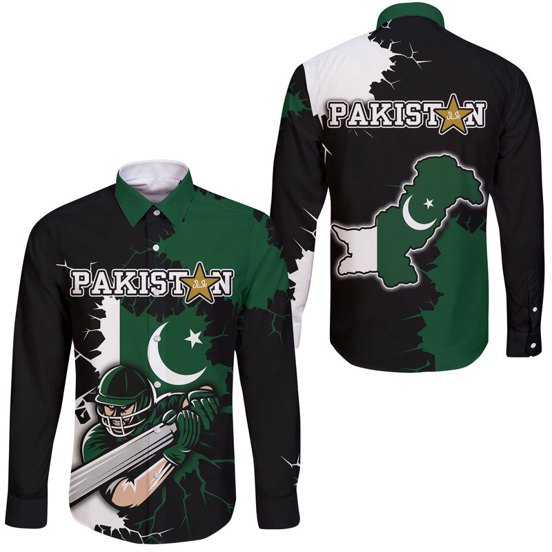 Pakistan Men in Green Cricket Team Hawaii Long Sleeve Button Shirt Pakistan Player Flag Style - Wonder Print Shop