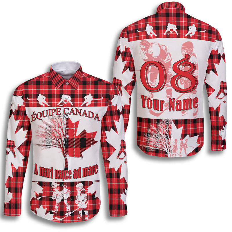 (Custom Personalised) Fathers Day - Canada Hockey Hawaii Long Sleeve Button Shirt - Maple Leaf Tartan - Wonder Print Shop