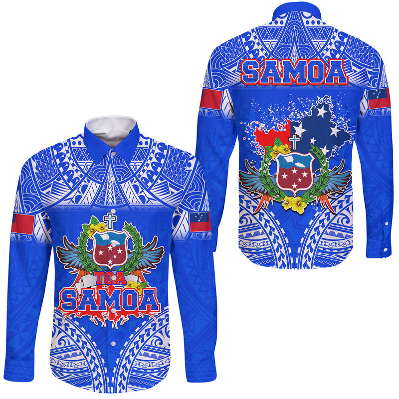 Toa Samoa Polynesian Rugby Hawaii Long Sleeve Button Shirt Samoan Flag Blue Color - Wonder Print Shop