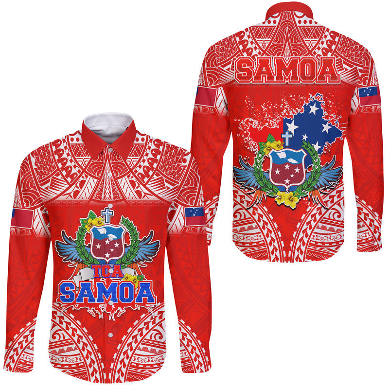 Toa Samoa Polynesian Rugby Hawaii Long Sleeve Button Shirt Samoan Flag Red Color - Wonder Print Shop