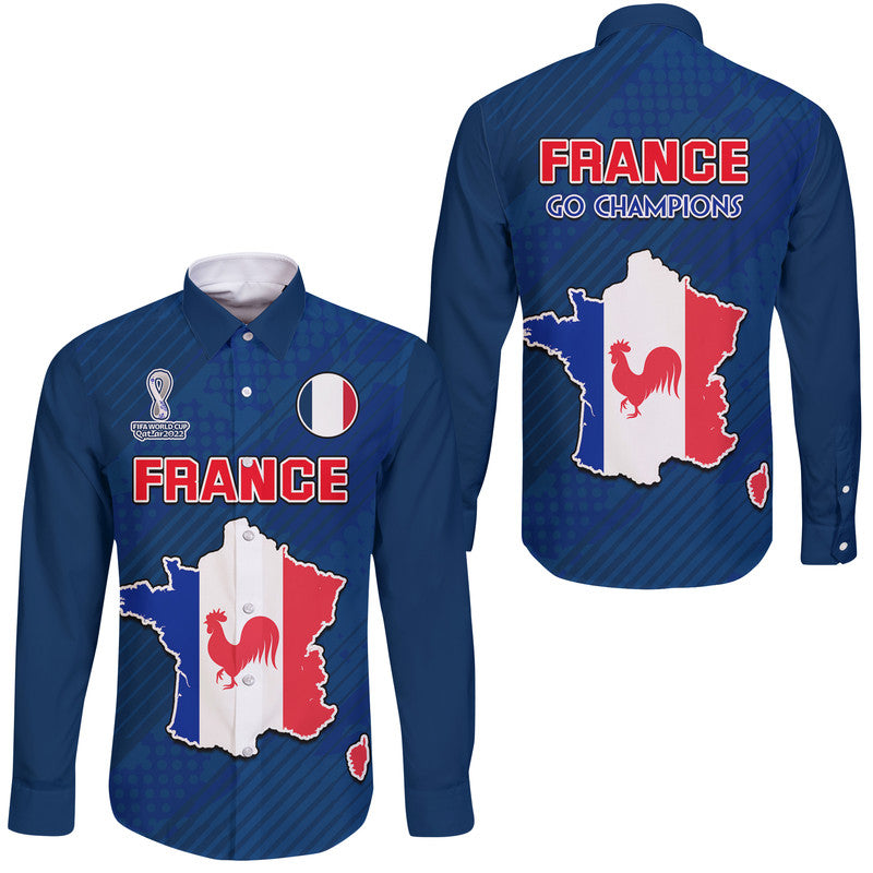 Blue long-sleeve button shirt with France map and rooster graphic, front and back.