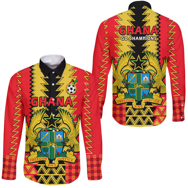 Long-sleeve button shirt with Ghana crest, red/yellow patterned front and sleeves