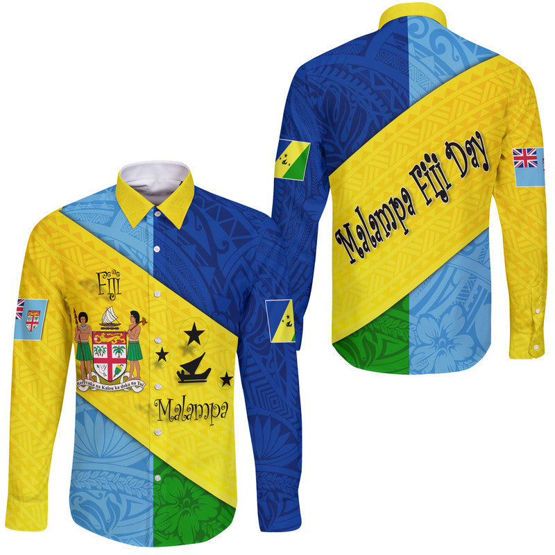 Yellow and blue long-sleeve button shirt with Polynesian print, diagonal sash, and pointed collar
