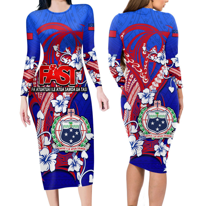 Blue long-sleeve party dress with red tribal pattern and hibiscus-style flowers