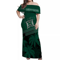Women's off-shoulder maxi dress in dark green with Rainbow Warriors logo and palm print
